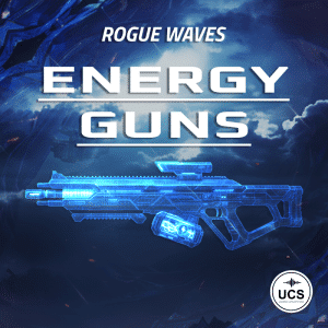 A digital illustration of a futuristic energy rifle for "Rogue Waves Energy Guns" sfx library on Sonniss, UCS logo bottom right.
