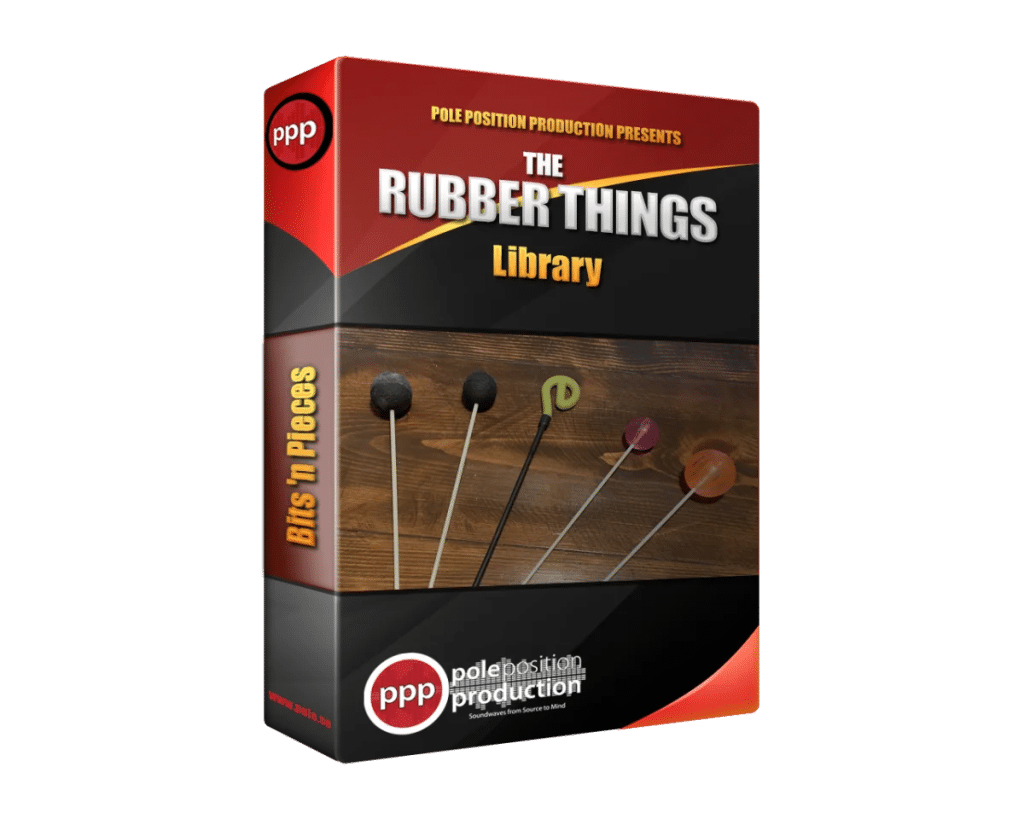 3D box mockup of "Rubber Mallets" SFX library on Sonniss, rubber-tipped sticks for percussion sound effects collections.