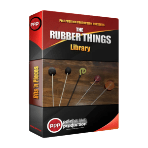 3D box mockup of "Rubber Mallets" SFX library on Sonniss, rubber-tipped sticks for percussion sound effects collections.
