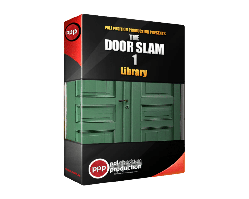 A sound effects library box "The Door Slam Library 1" with green double doors, Pole Position Production logo on Sonniss.