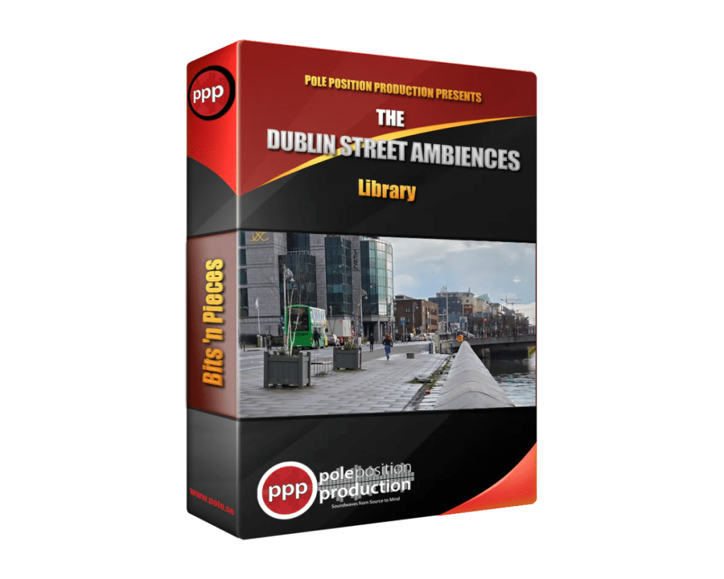A box labeled "The Dublin Street Ambiences Library" showcasing an urban river scene, for ambient sound effects library on Sonniss.