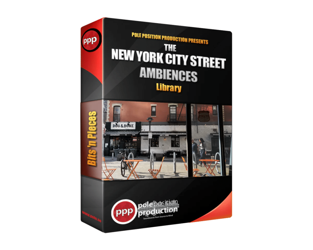 Image of a New York City street ambiences sound effects library box on Sonniss with café and outdoor seating photo.