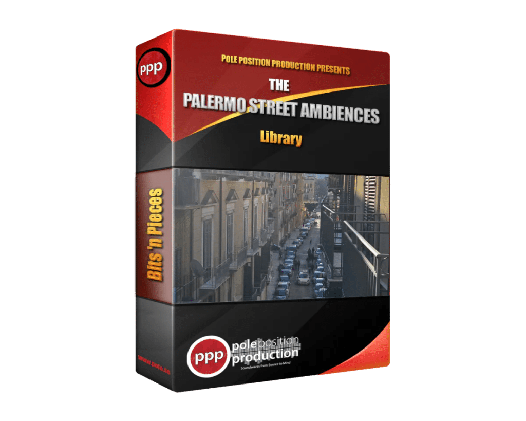 A product box for "The Palermo Street Ambiences Library" sfx library on Sonniss, featuring a vibrant Palermo city street scene.