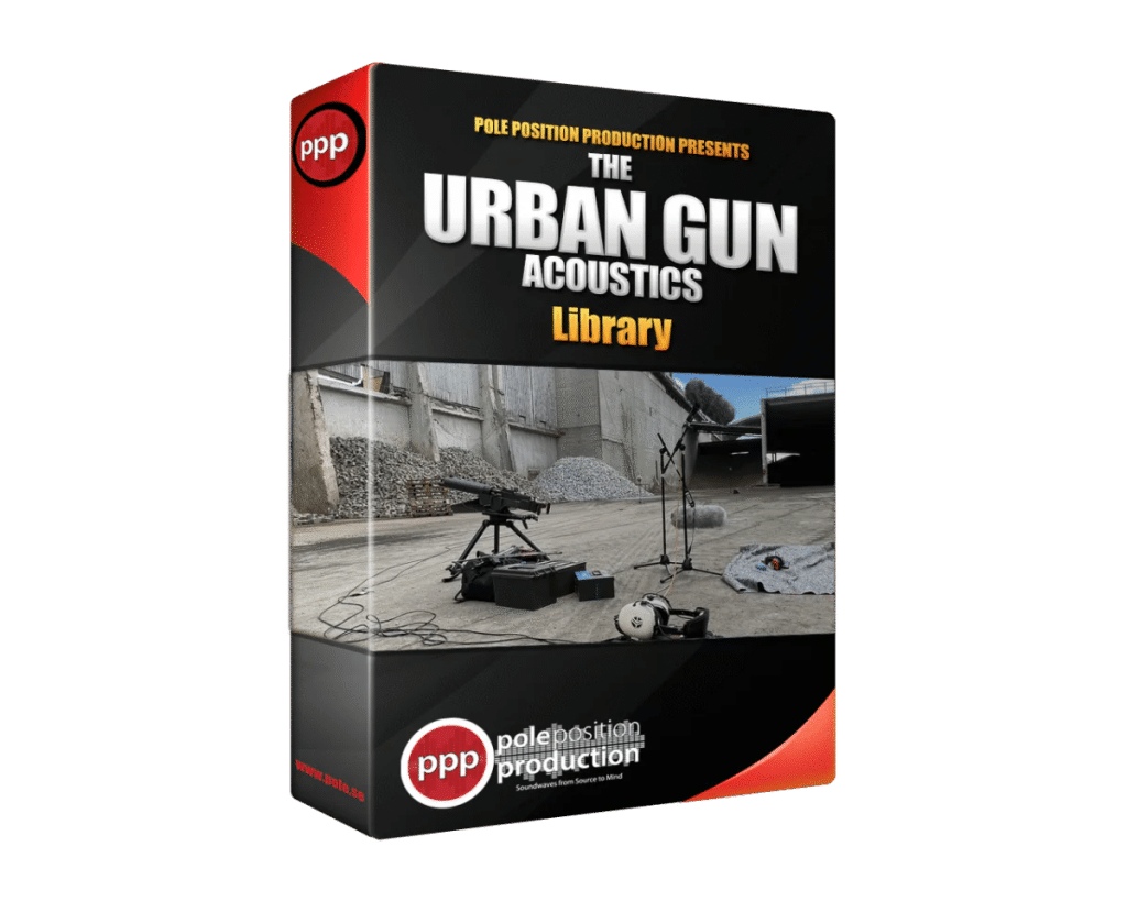 A product box for "The Urban Gun Acoustics Library" sfx library on Sonniss, showing outdoor gear from Pole Position Production.