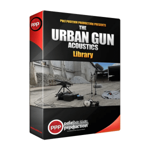 A product box for "The Urban Gun Acoustics Library" sfx library on Sonniss, showing outdoor gear from Pole Position Production.