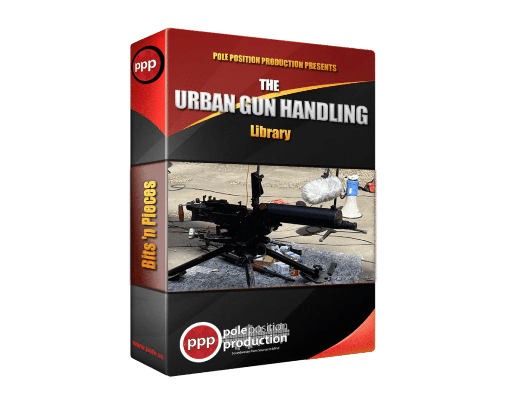 A product box for "The Urban Gun Handling Library" sfx library, showing a mounted firearm and recording gear on Sonniss.