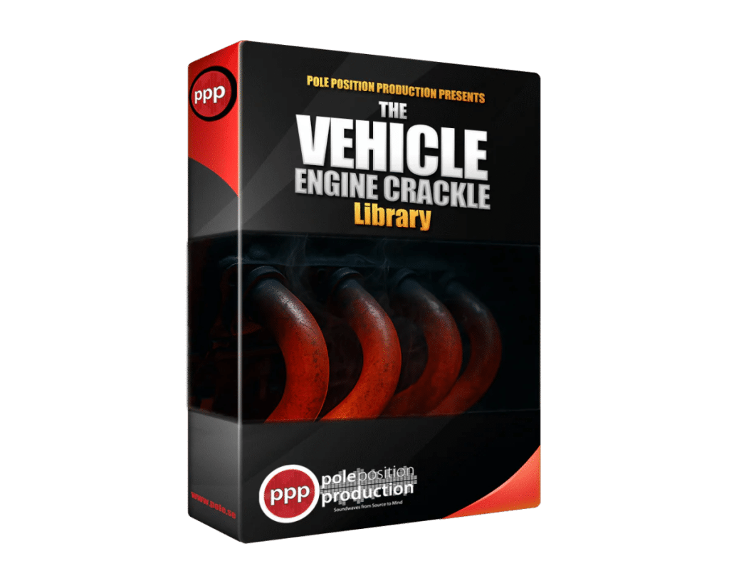 A "Vehicle Engine Crackle Library" sfx library box with red-hot engine exhaust pipes, shown on Sonniss for car SFX seekers.