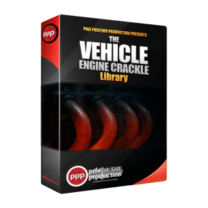 A "Vehicle Engine Crackle Library" sfx library box with red-hot engine exhaust pipes, shown on Sonniss for car SFX seekers.