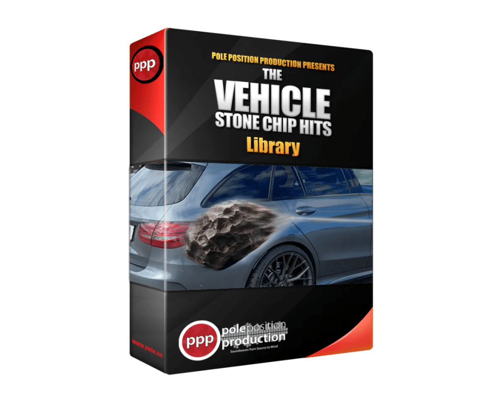 A sound effects library box on Sonniss for "Vehicle Stone Chip Hits" shows a car’s rear struck by a flying rock.