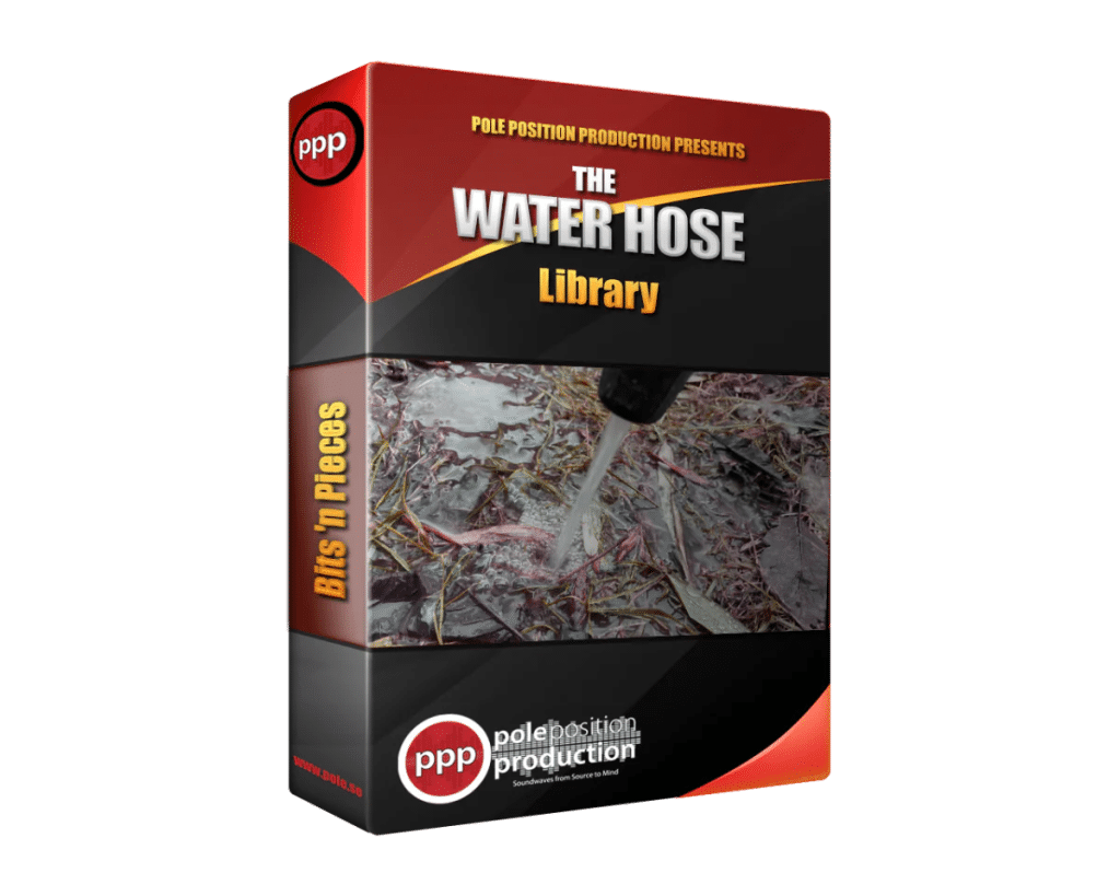 3D box for "Water Hose" sound effects library on Sonniss, shows water spraying debris and "Bits 'n Pieces" text on side.