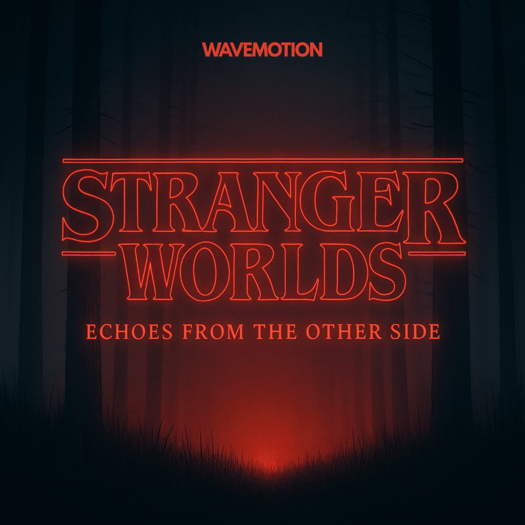 A glowing red neon sign advertises "Stranger Worlds" SFX library by Wavemotion in a misty, dark forest on Sonniss.