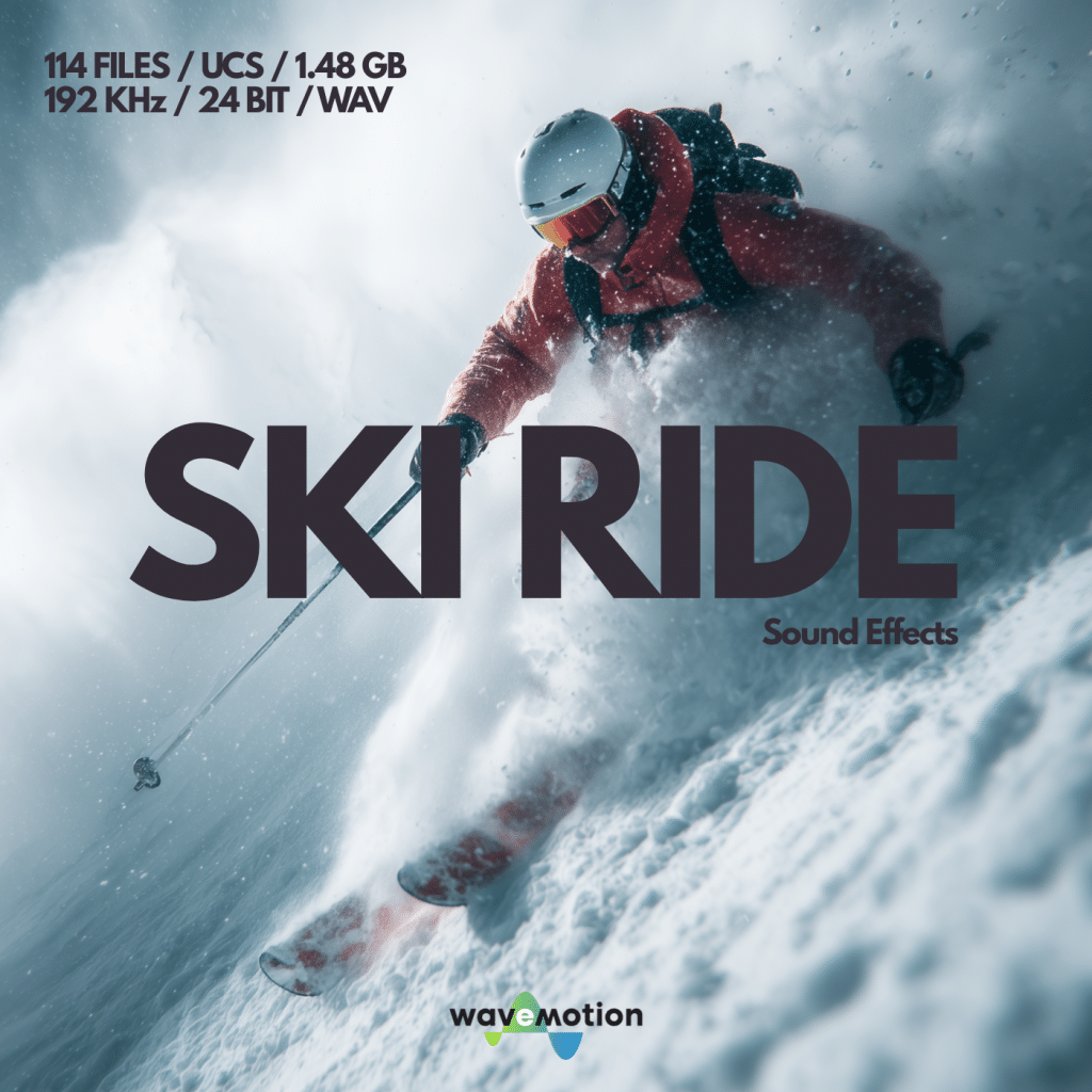 A skier in red speeds down a snowy slope. "SKI RIDE Sound Effects" promotes ski sfx library for Sonniss, audio specs shown above.