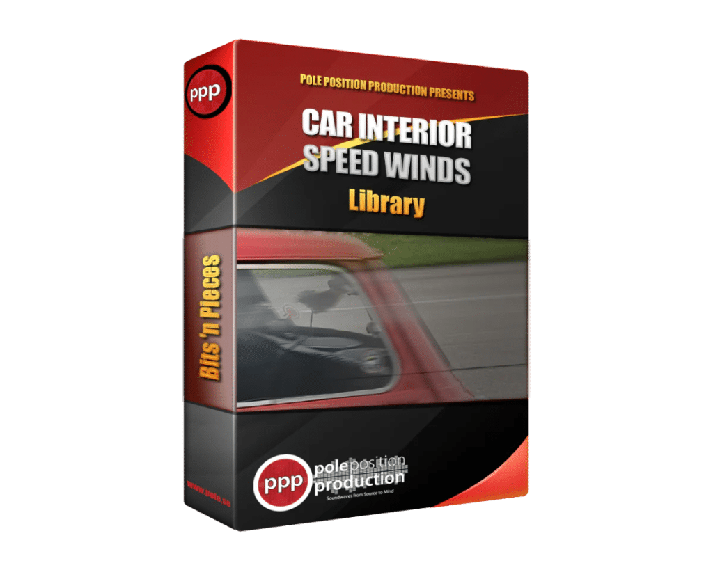 A "Wind in Car" sound effects library box by Pole Position Production, with a car window and interior, on Sonniss.