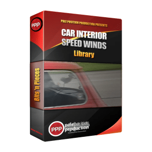 A "Wind in Car" sound effects library box by Pole Position Production, with a car window and interior, on Sonniss.