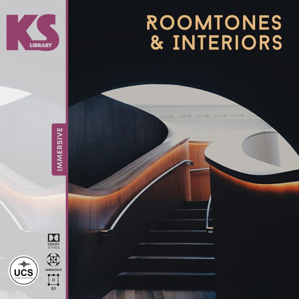 Cover image for "Roomtones & Interiors" sfx library on Sonniss, showing a modern space with curved stairs and soft lighting.