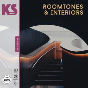 Cover image for "Roomtones & Interiors" sfx library on Sonniss, showing a modern space with curved stairs and soft lighting.