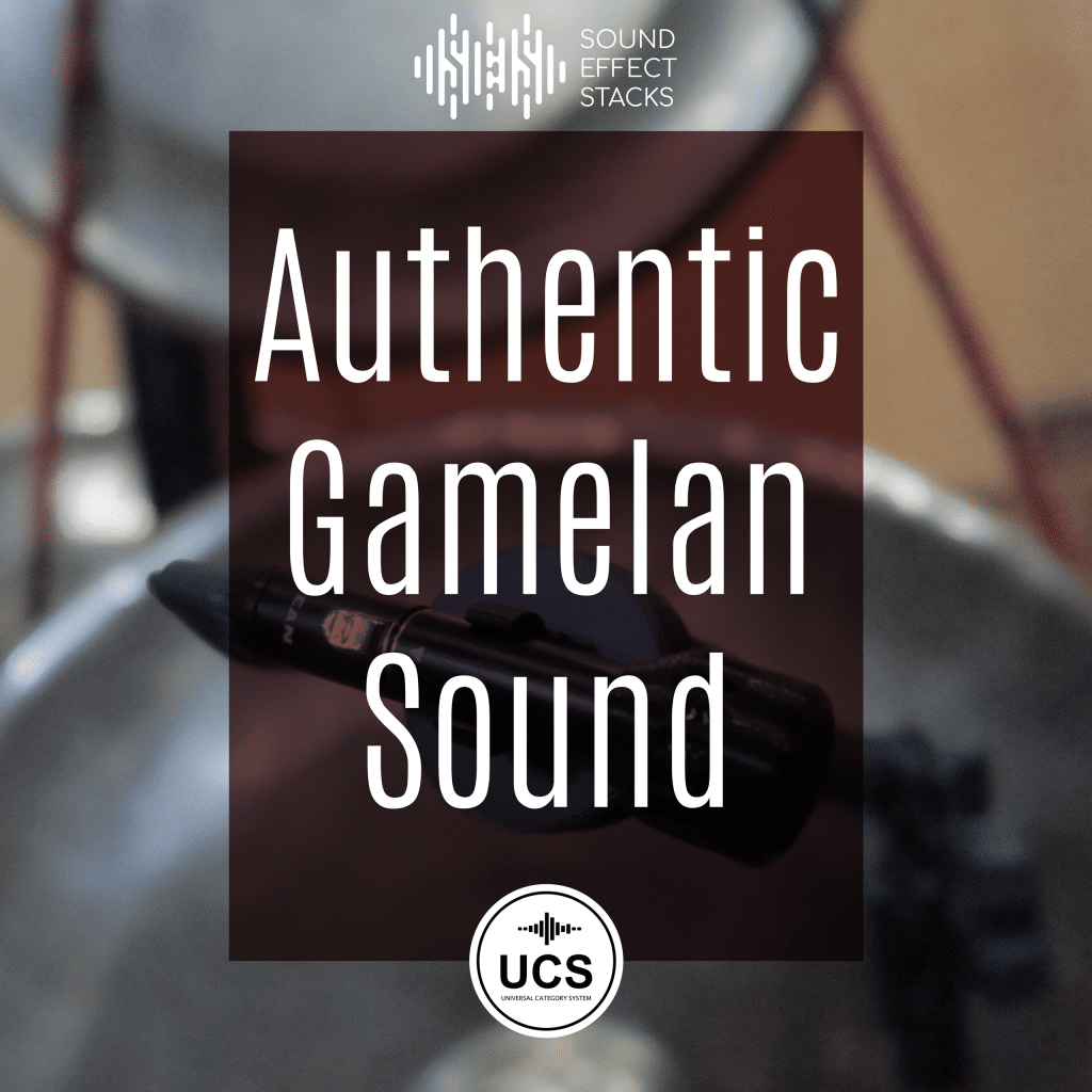 A blurred photo of gamelan instruments, "Authentic Gamelan Sound" text, for gamelan sound effects library on Sonniss.