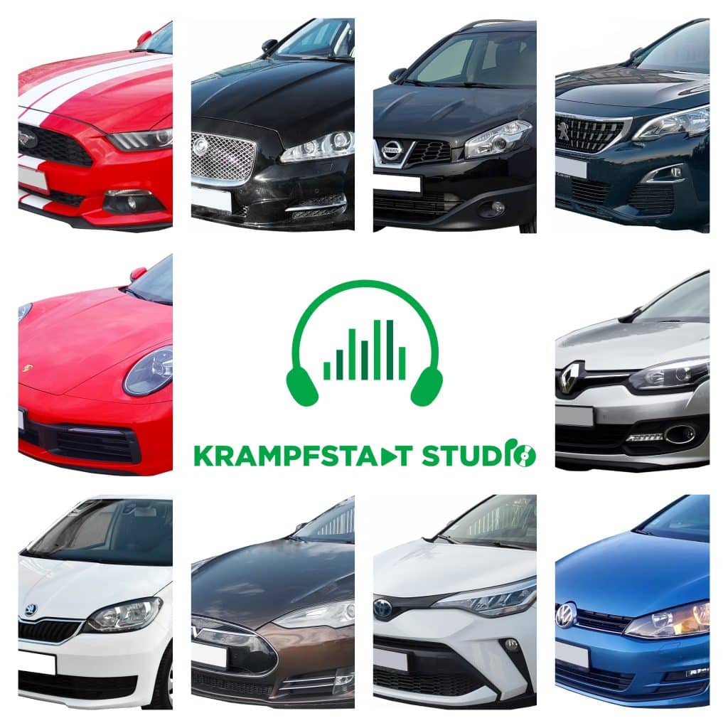 A grid of ten car front views encircles a green KRAMPFSTADT STUDIO logo for a car sound effects library on Sonniss.