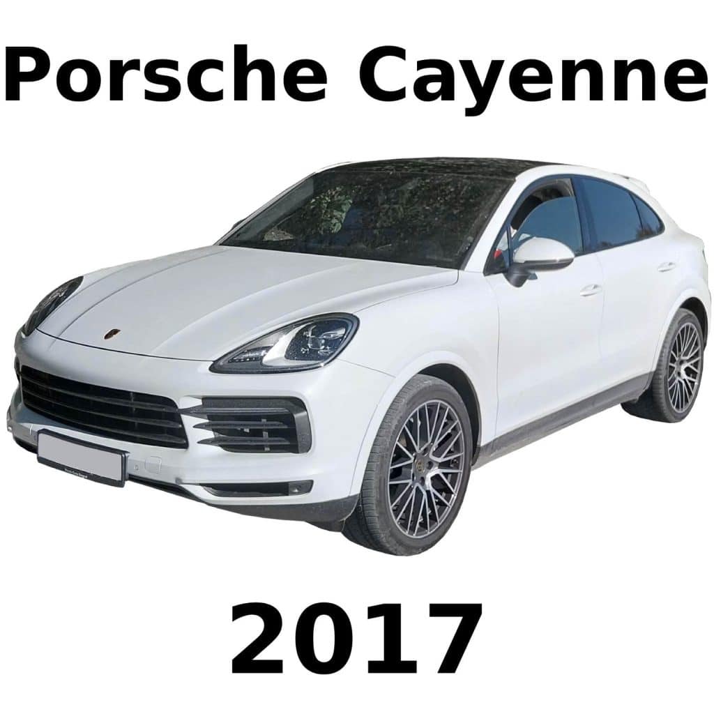 Image of a 2017 Porsche Cayenne SUV for automotive sound effects library on Sonniss, front left angle, white background.