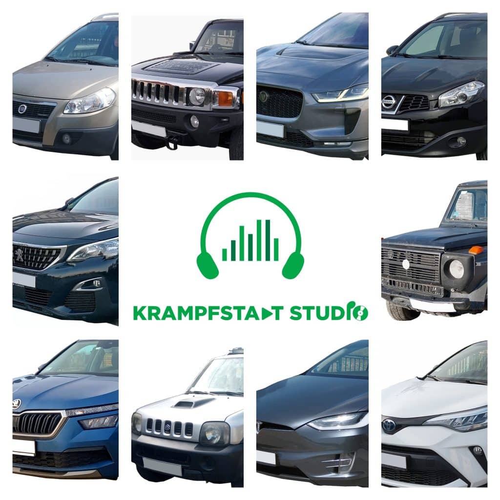 Collage of car front views encircling a green "Krampfstadt Studio" logo—an automotive sound effects library on Sonniss.