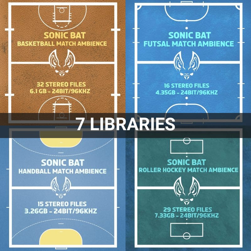 Sports ambience sound effects library graphic on Sonniss, showing court images with file counts and audio specs per match.