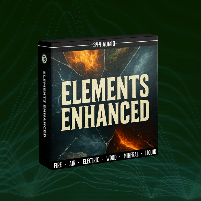 Box labeled "ELEMENTS ENHANCED" with fiery, watery, and rocky textures behind text. Lists Fire, Air, Electric, Wood, Mineral, Liquid.
