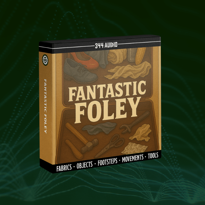 344 Audio "Fantastic Foley" product box with illustrations of shoes, fabrics, tools, and objects on a brown background; text highlights categories: fabrics, objects, footsteps, movements, tools.