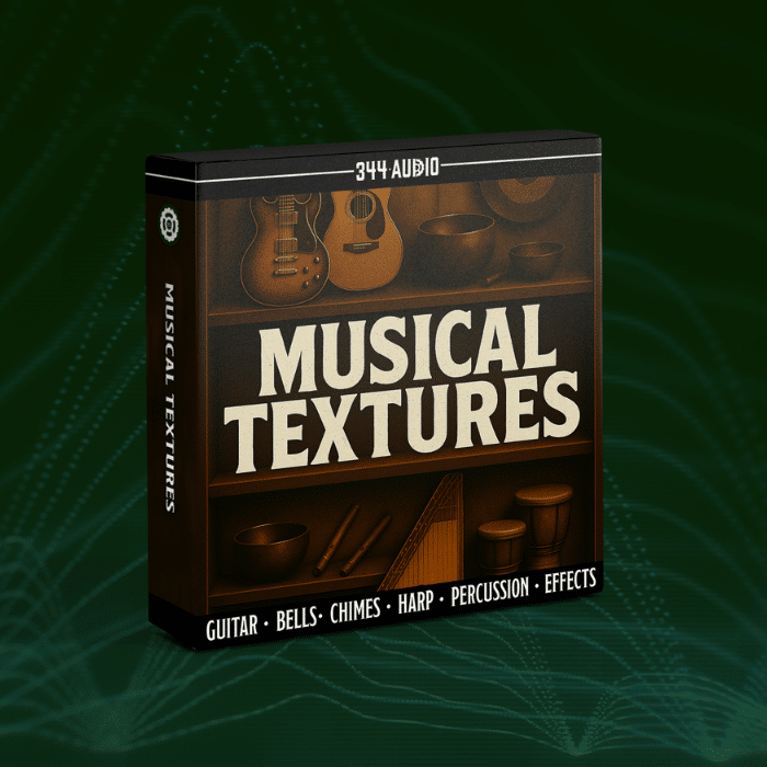 A box labeled "Musical Textures" displays illustrations of a guitar, bells, chimes, harp, and percussion on a dark green background with wave patterns.