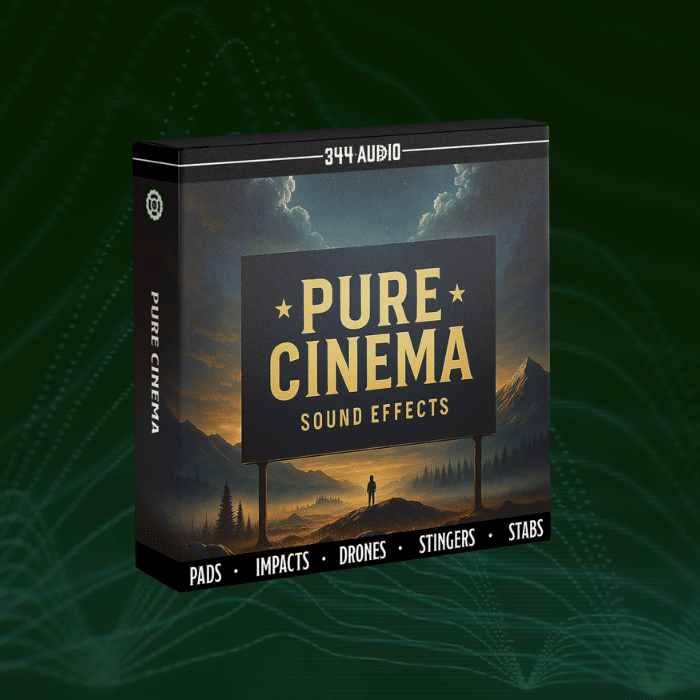 Pure Cinema Sound Effects" box by 344 Audio displaying a sunset billboard, mountains, trees, and sound types: pads, impacts, drones, stingers, stabs.