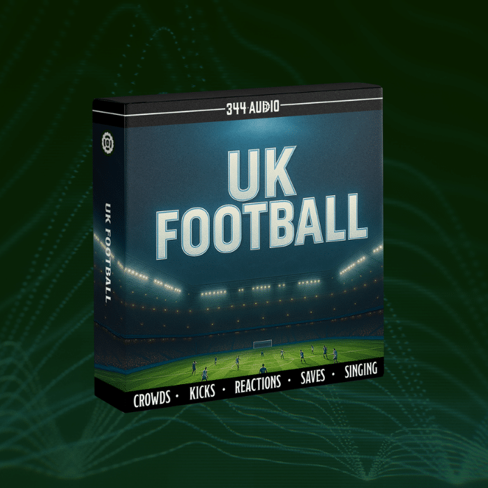 Product box labeled "UK Football" by 344 Audio, showing a lit football stadium with players on dark green. Bottom lists: Crowds, Kicks, Reactions, Saves, Singing.