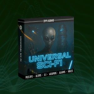 Software box labeled "Universal Sci-Fi" featuring an alien, futuristic building, and glowing text. Green wave pattern background. Features listed: pass bys, aliens, UI, weapons, alarms, voices.