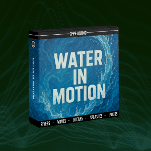 344 Audio sound library "Water In Motion" box with blue water artwork and text: Rivers • Waves • Oceans • Splashes • Pours. Dark green wave background.
