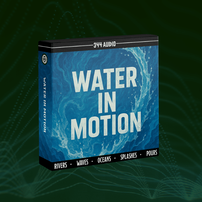 344 Audio sound library "Water In Motion" box with blue water artwork and text: Rivers • Waves • Oceans • Splashes • Pours. Dark green wave background.