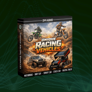 Digital box cover for "Unique Racing Vehicles" with motorbike, dirt SUV, sprint car, and stock car on a dusty background, green/black accents.