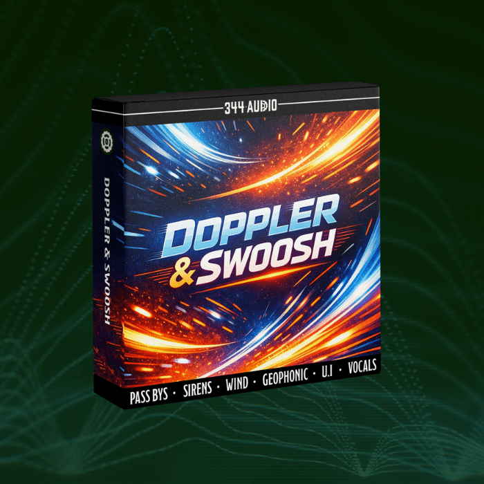 Software box for "Doppler & Swoosh" by 344 Audio with colorful motion streaks and text listing pass bys, sirens, wind, geophonic, UI, vocals.