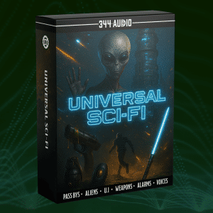 3D-rendered "Universal Sci-Fi" box by 344 Audio with alien, spaceships, robot, human with glowing sword, blue city skyline. Text: Pass Bys, Aliens, UI, Weapons, Alarms, Voices.
