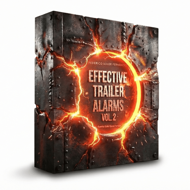 A software box with a dark metallic surface cracked open by glowing orange lava, displaying “Effective Trailer Alarms Vol. 2” by Federico Soler Fernández.