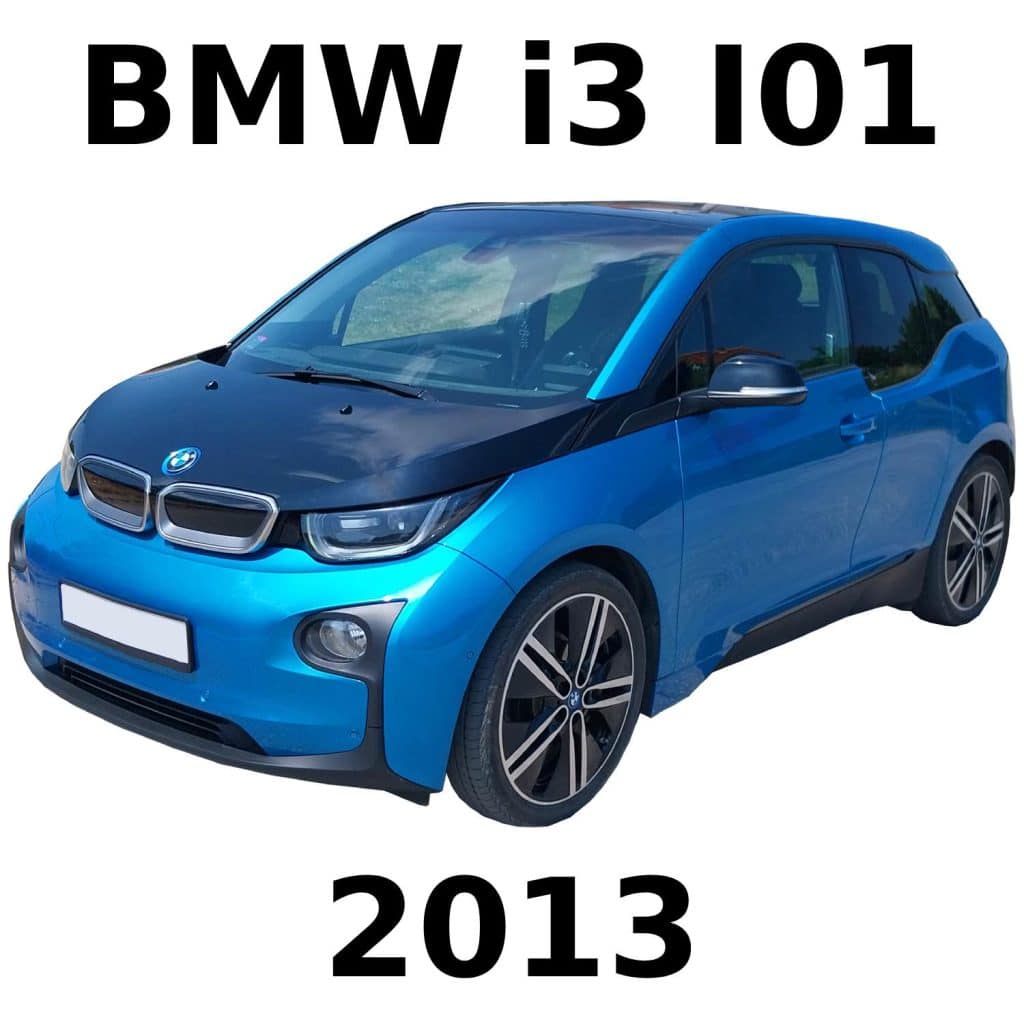 Blue BMW i3 I01 electric car from 2013 on white background, bold black text above reads "BMW i3 I01", below reads "2013".