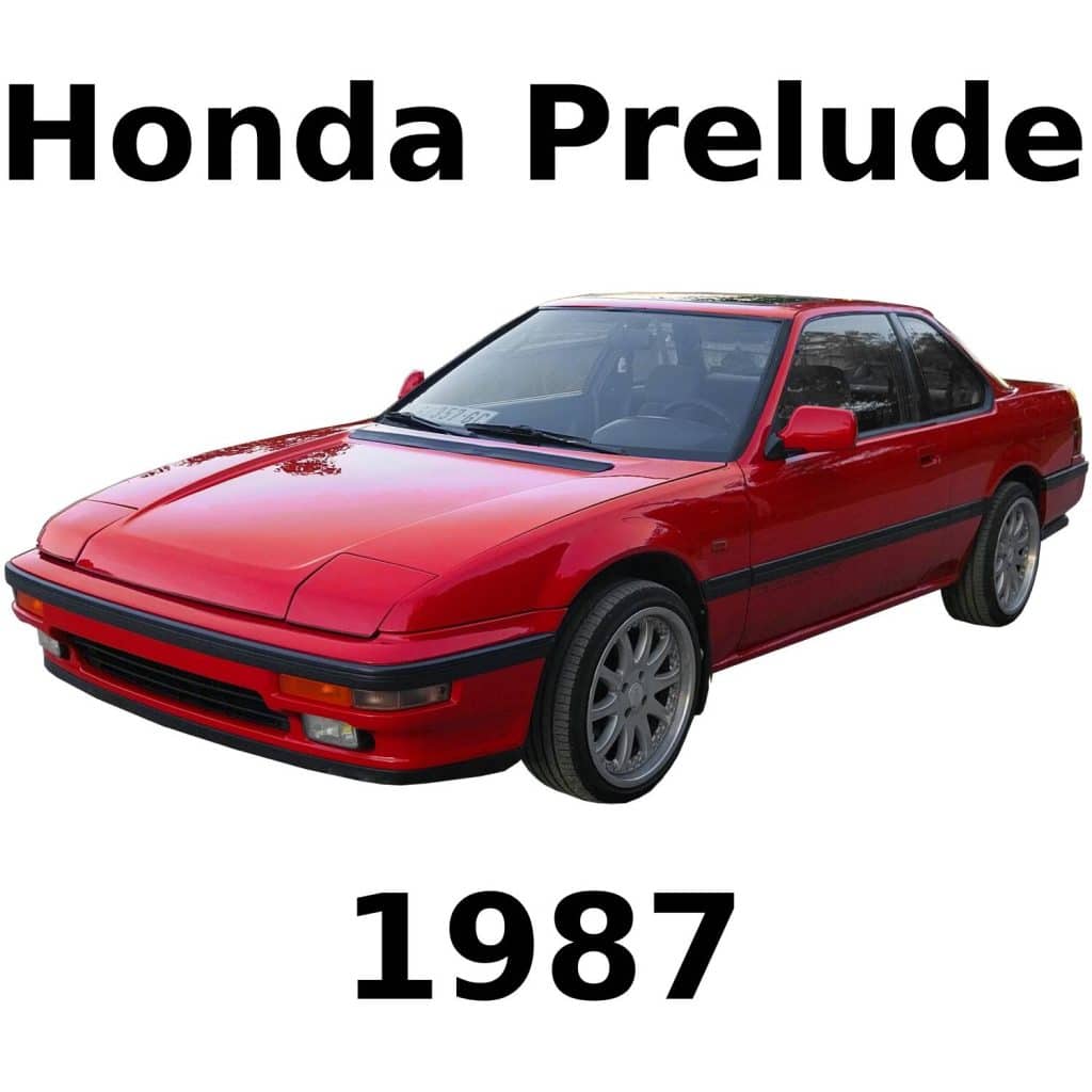 A bright red 1987 Honda Prelude coupe with pop-up headlights on a white background, “Honda Prelude” above and “1987” below.