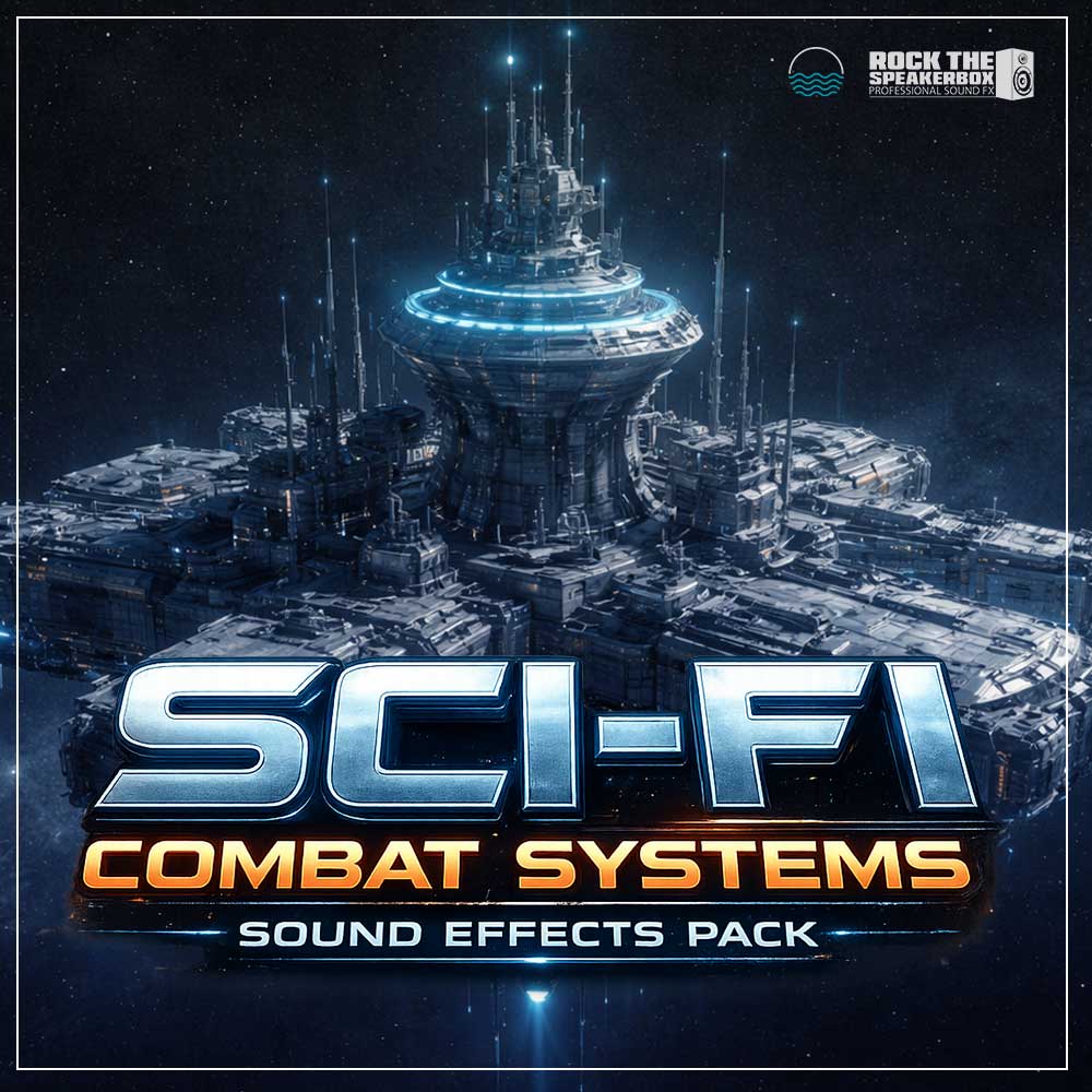 A futuristic space station with glowing blue lights floats in space. Text: “SCI-FI COMBAT SYSTEMS SOUND EFFECTS PACK.” “Rock The Speakerbox” logos are at the top right.