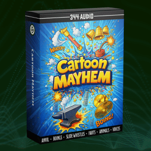 A colorful software box labeled "Cartoon Mayhem" shows cartoon sound effects, “WHOOP!”, “BOING!”, and highlights farts, animals.