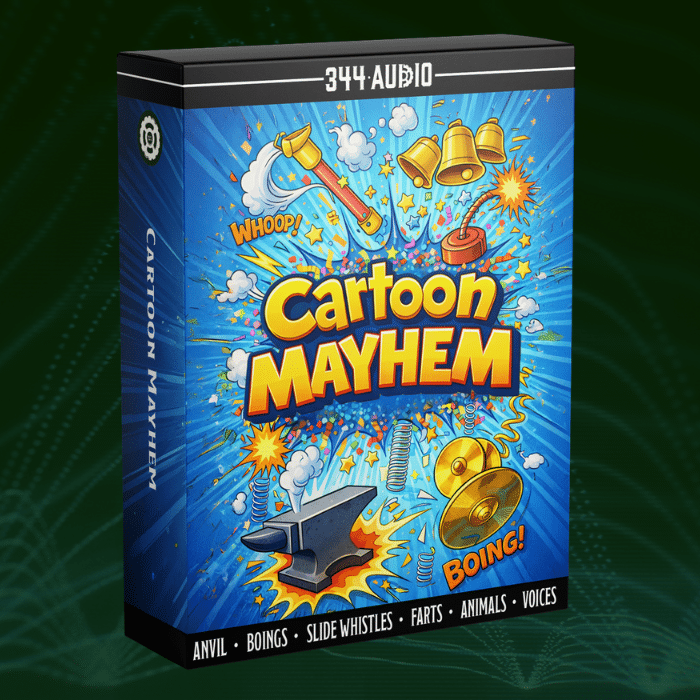 A colorful software box labeled "Cartoon Mayhem" shows cartoon sound effects, “WHOOP!”, “BOING!”, and highlights farts, animals.