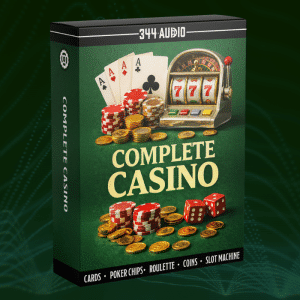 Software box labeled "Complete Casino" with playing cards, poker chips, coins, dice, slot machine (777), plus text "344 Audio".