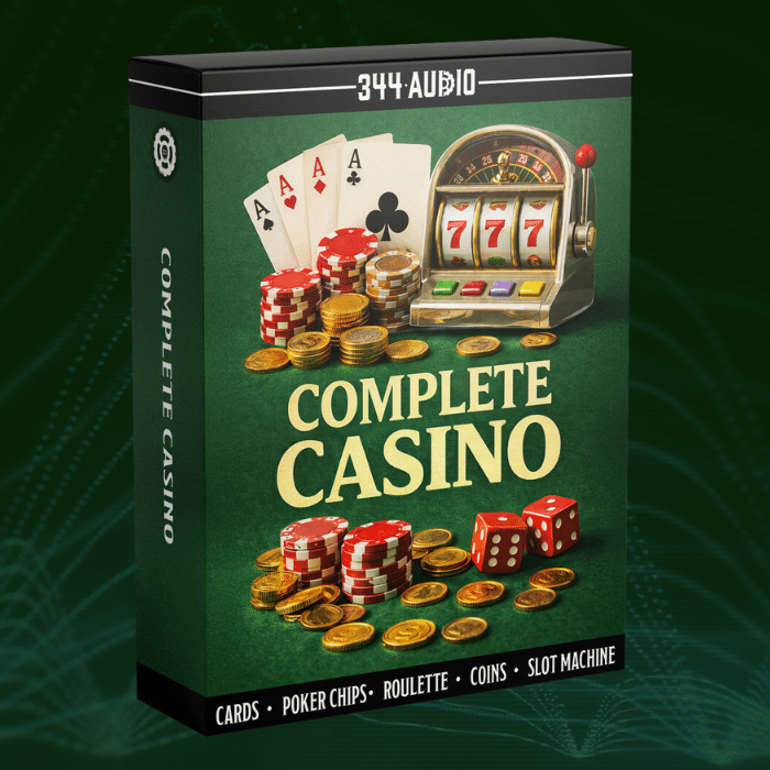 Software box labeled "Complete Casino" with playing cards, poker chips, coins, dice, slot machine (777), plus text "344 Audio".