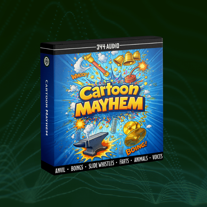 Colorful blue "Cartoon Mayhem" box with sound effect words, anvil, bells, cymbals, musical notes; highlights farts and voices.