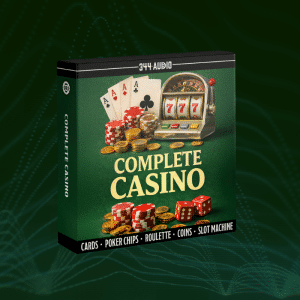 Green box labeled "Complete Casino" with poker chips, cards, coins, dice, slot machine showing 777; bottom text lists gaming items.