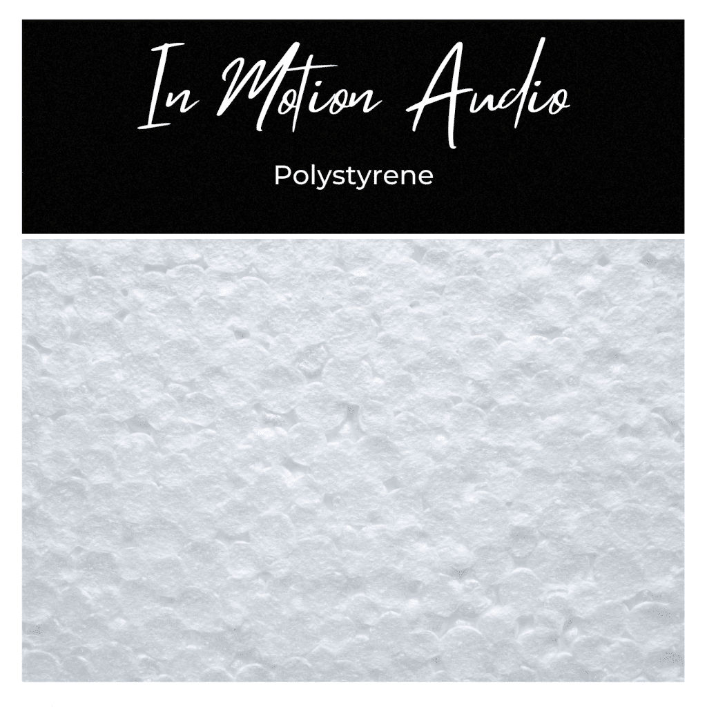Close-up of white polystyrene foam texture, with "In Motion Audio" above and "Polystyrene" below on a black background.