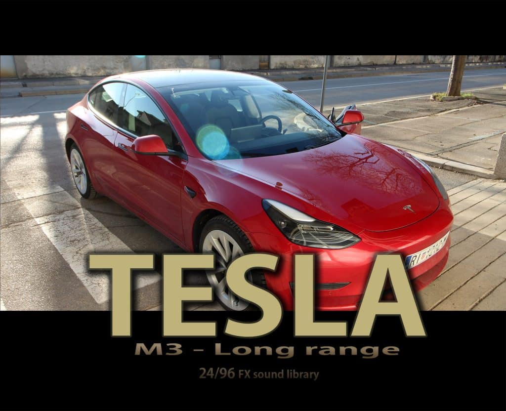 Red Tesla Model 3 parked on a city street in sunlight; gold text reads "TESLA M3 - Long range," with "24/96 FX sound library" below.