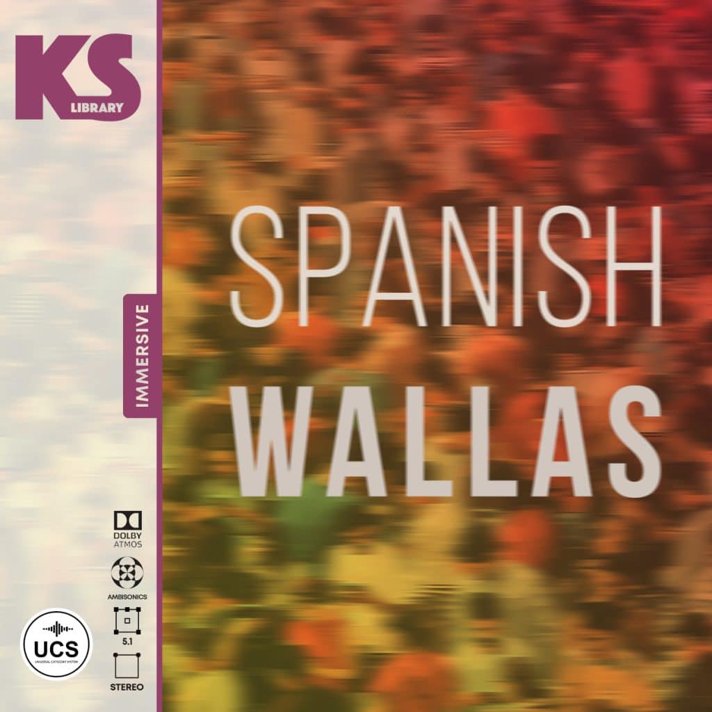 Album cover showing a blurred, colorful crowd. "SPANISH WALLAS" in large text. Left: KS Library logo, "IMMERSIVE," and audio format icons.