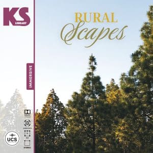 Cover for "Rural Scapes" from KS Library with tall pine trees, clear sky, audio format logos left, and pink vertical "Immersive" label.
